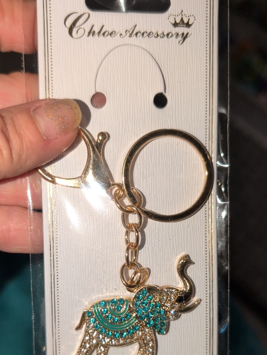 None Accessories - Gold Elephant Keychain with Turquoise Crystal Accents